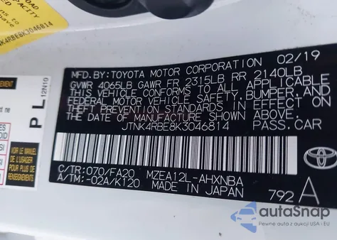 2019 Toyota Corolla Se from USA, damaged, VIN JTNK4RBE8K3046814